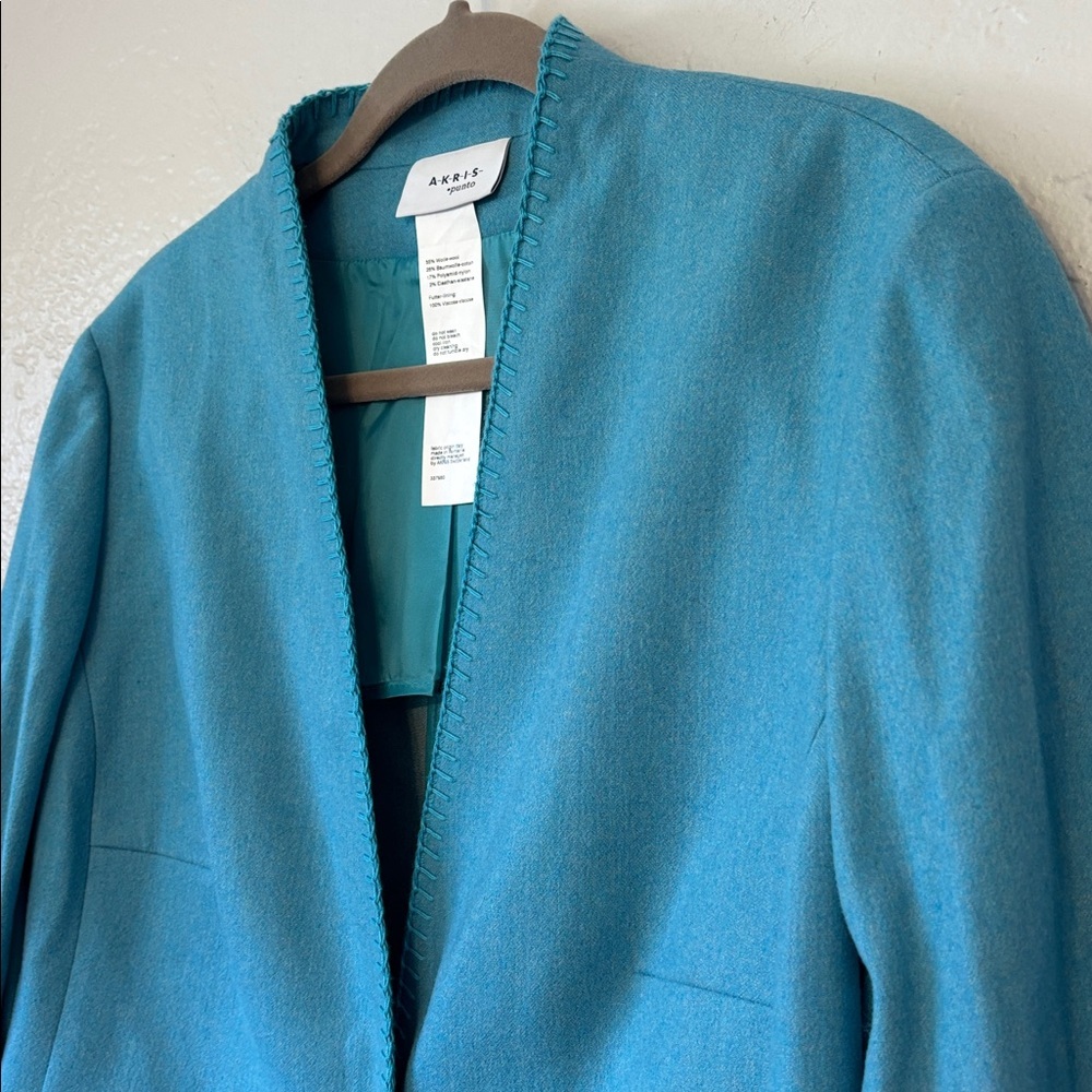 Akris Punto Cerulean Blazer Jacket 14 Snap Front WhipStitch trim Wool Cotton - Picture 3 of 10